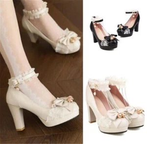 Women's Bow Ankle Strap Lolita High Heels Block Heel Sweet Shoes Outdoor Pumps - Picture 1 of 18