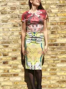 100% Silk COUTURE Midi Pencil Dress XS S Cocktail Flower Floral Evening Boho - Picture 1 of 11