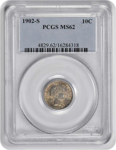 1902-S Barber Silver Dime MS62 PCGS Cover