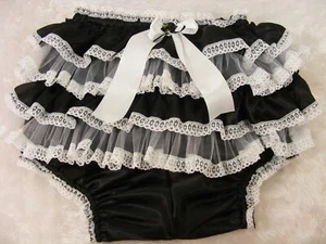 ADULT BABY SISSY BLACK SATIN RUFLE BUTT DIAPER COVER PANTIE BLOOMERS FRENCH MAID - Picture 1 of 6
