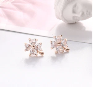 Titanium S.Steel Flower Clover Cubic Zirconia Rose Gold Stud Earrings - Picture 1 of 1