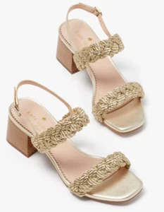 Neu mit Karton Kate Spade Valentina geflochtene Riemen mittelhoher Absatz Sandalen hellgold Größe 6B - Bild 1 von 7