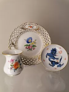Colección Meissen intacto jarrón plato cuencos dragón flores borde dorado excelente - Imagen 1 de 14