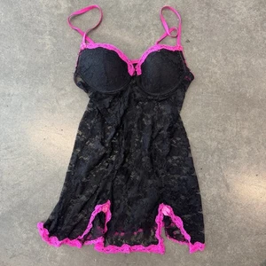 Vintage Y2K Full Lace Black Hot Pink Tank Top Camisole Dessous Negligee Large - Bild 1 von 6