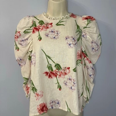 Blusa de lino floral crema Laura Ashley para mujer S Cottagecore encaje ribete manga abullonada Foto 1 de 4