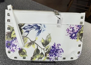 NWT White House Black Market Studded White Wristlet Clutch Purple Hydrangeas - Picture 1 of 11