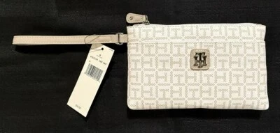 TOMMY HILFIGER Women's White & Beige Logo Zipper Wristlet Wallet Vegan Leather - Image 1 of 4
