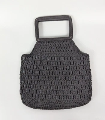 Bolso de mano vintage negro macramé crochet acentuado con cinta tejida de satén Foto 1 de 4