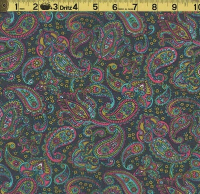 GREY PAISLEY Gray Paisley with Pink, Teal, Yellow 100% Cotton Fabric Made in USA - Image 1 of 2