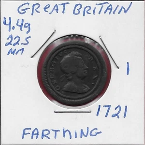 GREAT BRITAIN FARTHING 1721 RULER:GEORGE I,SECOND LAUREATE AND CUIRASSED - Picture 1 of 2