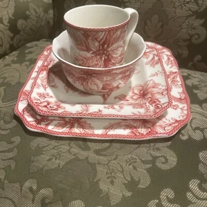 222 Fifth Christmas Lane Cardinal Red Bird 4 pc Place Setting Plates Bowl Cup - Picture 1 of 7