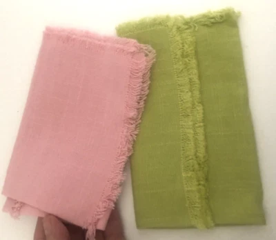 Vtg Unused Set 2 Linen Fringed 12" Fabric PINK GREEN Cocktail LUNCHEON NAPKINS - Image 1 of 4