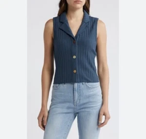 Madewell Mixed Button Rib Polo Tank Small Blue Button Up Cotton Blend Vest NWT - Picture 1 of 15