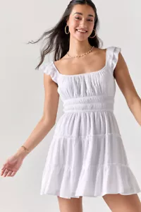 Trixxi Juniors' Square-Neck Smocked-Waist Tiered Dress, White, SIZE-L - Picture 1 of 4