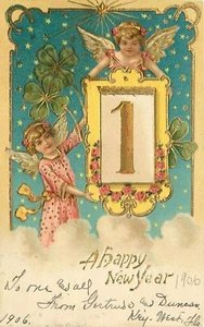 Feliz Año Nuevo 1905 Cuatro Hojas Trébol Jammrocks Ángeles querubín Postal - Imagen 1 de 2