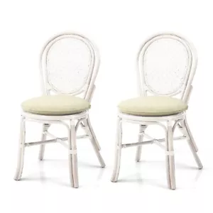 Set of 2 Denver Wicker Rattan Dining Side Chairs with Cream Cushions, White - Picture 1 of 8