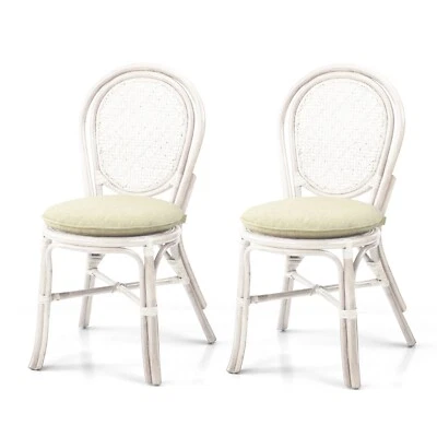 Juego de 2 sillas auxiliares de comedor Denver de mimbre y ratán con cojines crema, blancas Foto 1 de 4