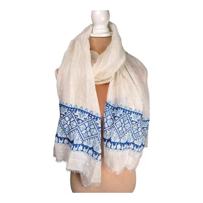 Шарф женский J Jill из льняной хлопковой смеси белый синий вышитая бахрома отделка 44x72 - Изображение 1 из 4