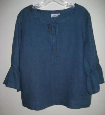 New Hot Cotton 100% Linen Blue Top  Size Medium Bell Sleeves - Image 1 of 4
