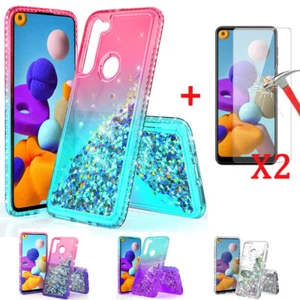 For Samsung Galaxy A21 Case Liquid Glitter Bling TPU Phone Cover+Tempered Glass - Picture 1 of 24