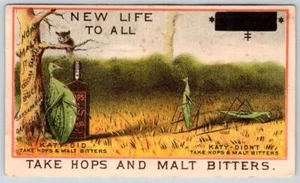 TARJETA COMERCIAL DE MEDICINA CHARLATÁN TAKE HOPS & MALT AMARTERS ANTROPOMÓRFICA SALTAMONTES - Imagen 1 de 2