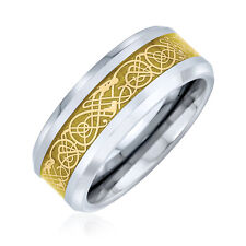 Two Tone Celtic Dragon Inlay Silver Gold Titanium Wedding Band Ring