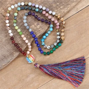 108 Mala Yoga 7 Chakra Naturstein Perlen Halskette Vintage Mehrfarbig Lang - Bild 1 von 3