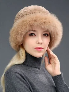 Sombrero de piel de conejo 100 % real grueso invierno cálido tejido lana lavabo gorra para mujer - Imagen 1 de 16