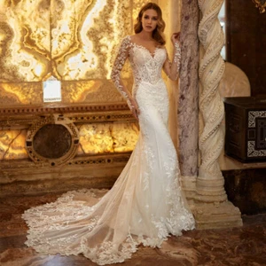 Scoop Neck Mermaid Wedding Dresses Long Sleeve Appliques Backless Bridal Gowns - Picture 1 of 5