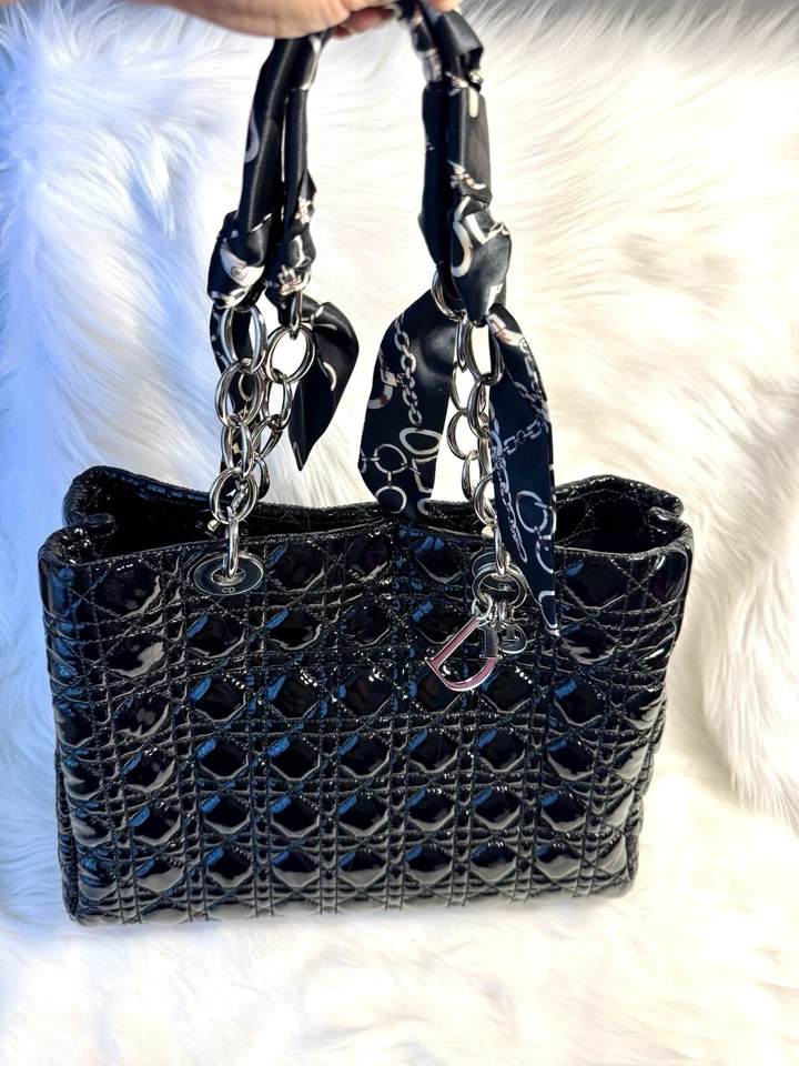 Christian Dior Cannage Quilted Black Patent Leather Shopping Tote Bag - Image 1 of 4