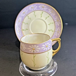 Antique MZ Austria HP Daisy Cup & Saucer Gold Handle Lavender Band ca.1900 - Picture 1 of 12