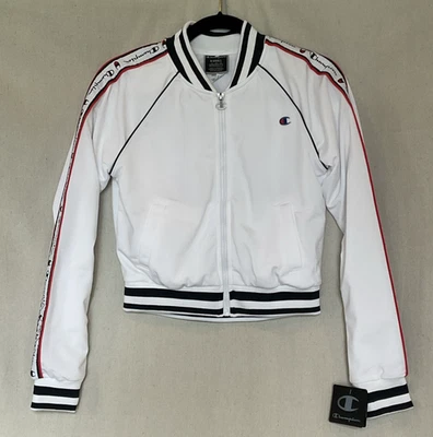 Champion 女式 XS 白色全拉链风衣夹克拼字袖标志全新带标签 — 第 1/3 张图片