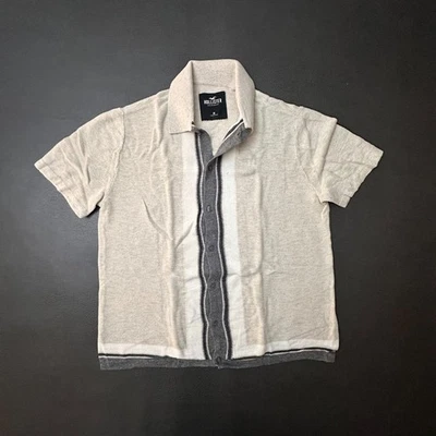 Hollister Shirt Mens Medium Beige Button Up Camp Viscose Blend Casual Stretch - Image 1 of 4