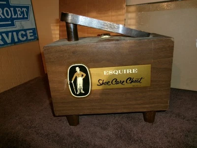Винтажный Деревянная блестящая коробка для ухода за обувью Esquire с щеткой, одна наклейка потертая - Изображение 1 из 4