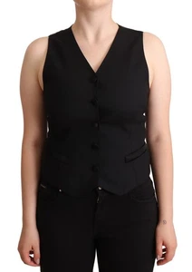 Dolce&Gabbana Women Black Top Viscose V-Neck Button Slim Classic Sleeveless Vest - Picture 1 of 4