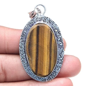 Pendant Tiger's Eye Gemstone Handmade Gift For Her Silver Jewelry 2.25" - Picture 1 of 7