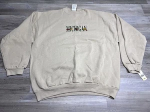 Vintage Michigan Nature Fall Leaves Sweatshirt Embroidered Beige Pullover Sz XL - Picture 1 of 9