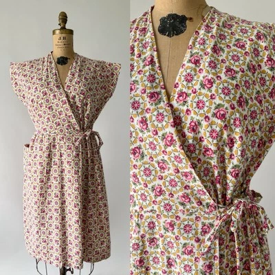 Vintage 40s 50s Wrap Dress Pink Cotton Floral Spider Web Print Pocket Volup M L - Image 1 of 4