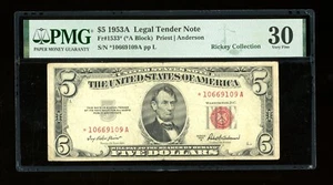 DBR 1953-A $5 Legal STAR Fr. 1533* PMG 30 Serial *10669109A - Picture 1 of 2