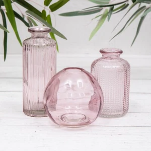 3er Set Vintage rosa Glasflaschen Mini kleine Knospenvasen gerippt Blumenhalter - Bild 1 von 5