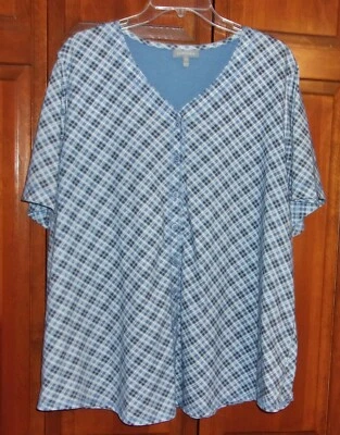 ESSENTIALS Womens  Button-down Knit Baseball Style Top Blue Plaid -2X - Image 1 of 4