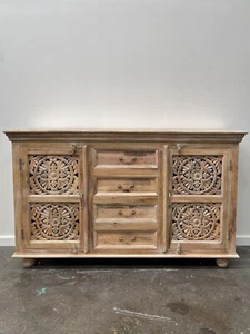 Shabby Chic Hand Carved Timber Mandala French Country Sideboard Cabinet Buffet - Picture 1 of 10