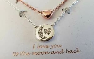 "I LOVE YOU TO THE MOON & BACK DOUBLE LOVE NECKLACE, NIB SILVER PLATED - Picture 1 of 5
