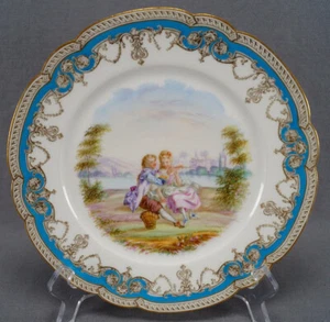 Old Paris Sevres Type Hand Painted Watteau Scene Celeste Blue Gold 9 1/4 Plate B - Picture 1 of 9