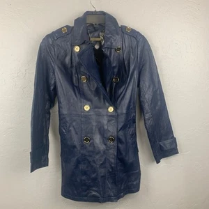 IMAN Leather Trench Coat Womens Large Blue Belted Double Breasted Coat NWT - Picture 1 of 7