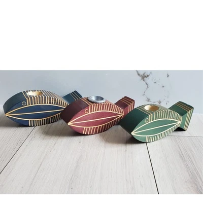 Juego de 3 Candelabros Tallados a Mano Madera Náutica Pez Madera Boho Arte Popular MCM Foto 1 de 4