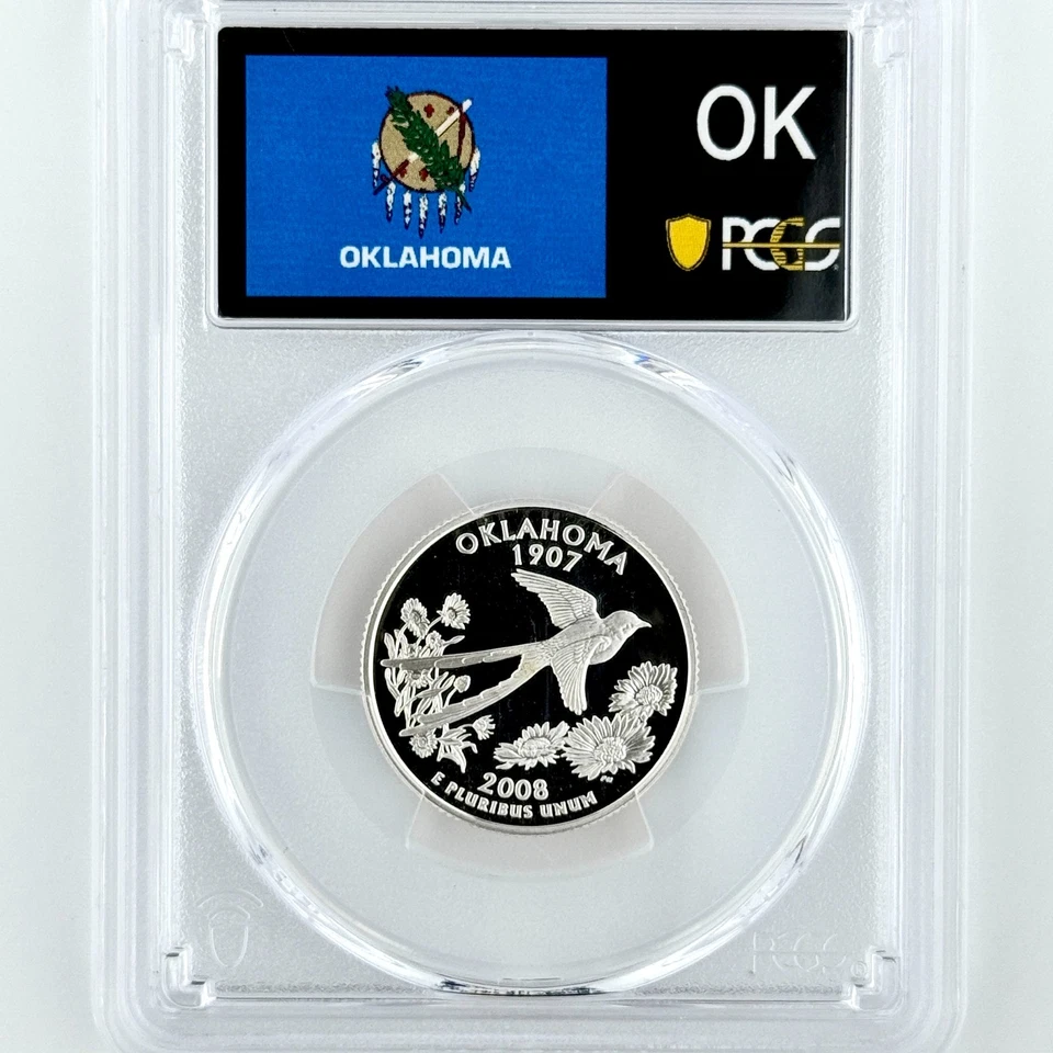 Cuarto de plata Oklahoma PR 70 DCAM PCGS 2008 S grado superior 25c OK bandera estatal Foto 1 de 4