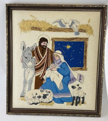 Vintage Crewel Embroidery Framed Picture Nativity Scene Holy Family 1981 Jesus - Image 1 of 4