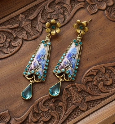 Earrings Court Iris Museum Gold Revival CZ VTG Antique Deco Art Nouveau Palace - Image 1 of 4