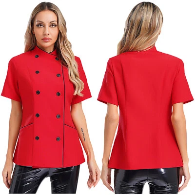 Women Tops Contrast Color Coat Pocket Jacket Soft Short Sleeve Restaurant Chef - Image 1 of 4